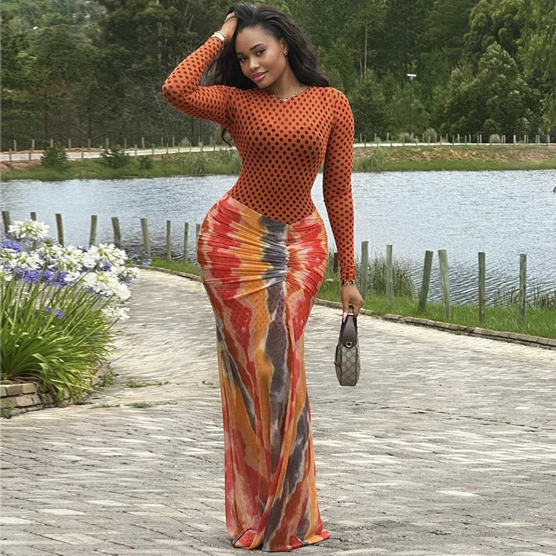 Slim Full Sleeve Dot Printed Mesh Patchwork Bodycon Long Dress