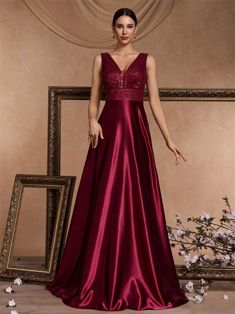 Oklahoma Elegant Sequins Evening Deep V-neck Satin Prom Party Dress