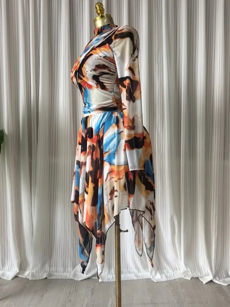 Tie Dye Printed Women Set Long Sleeve Wrap Crop Irregular A-line S.kirt Set