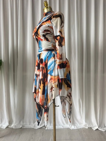 Tie Dye Printed Women Set Long Sleeve Wrap Crop Irregular A-line S.kirt Set