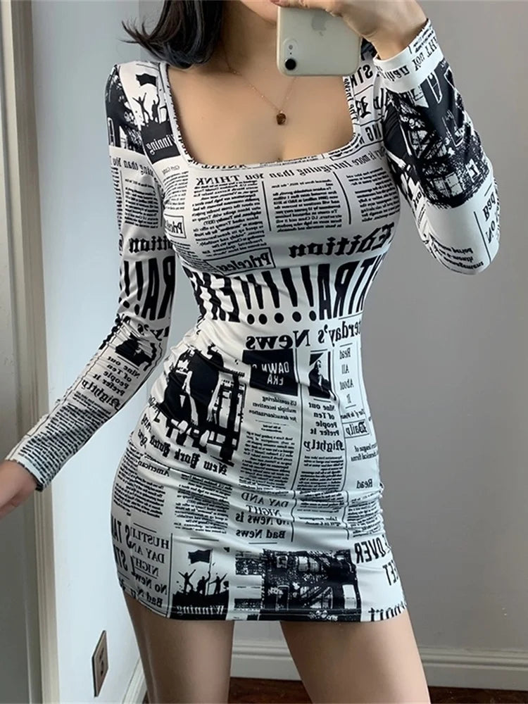 Amazonia Printed Newspaper Sexy New Fashion Street Shooting Slim Mini Dress