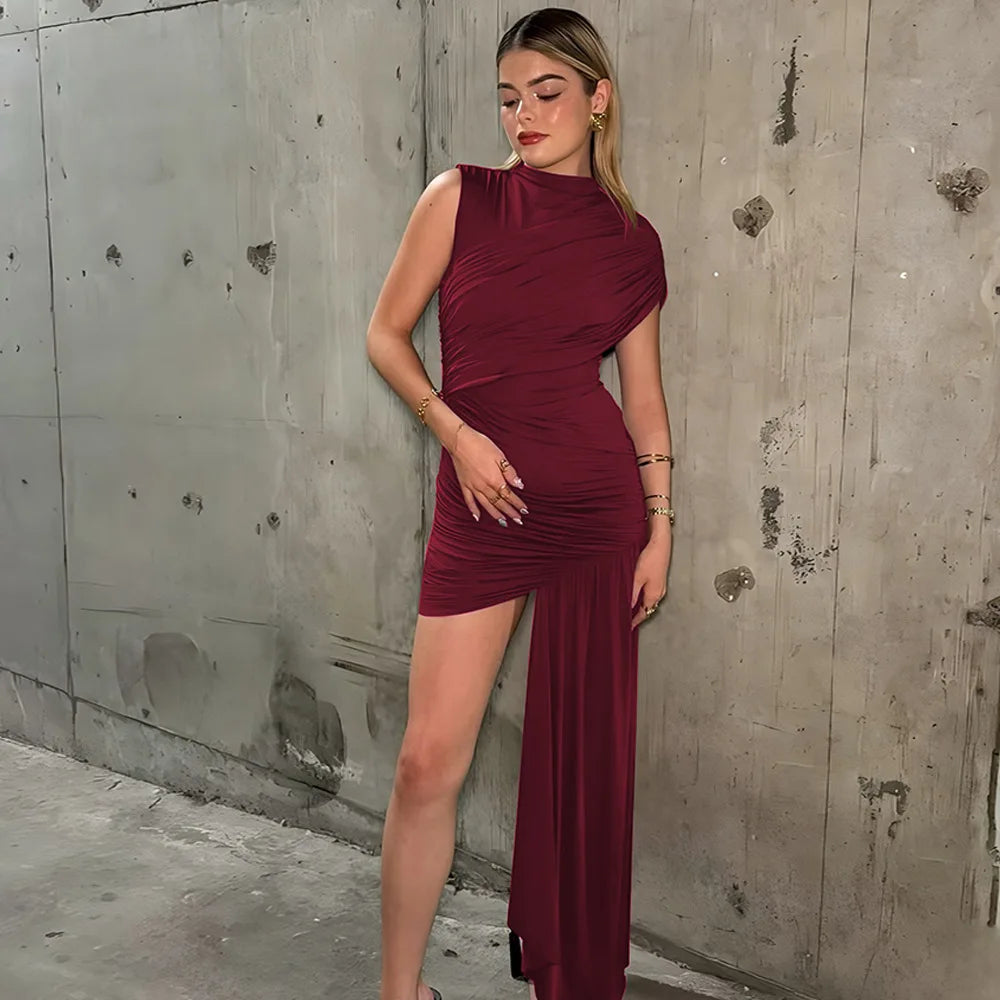 Aspen Knolls Ruched Sexy Solid Color Elegant Turtleneck Sleeveless Asymmetric Dress