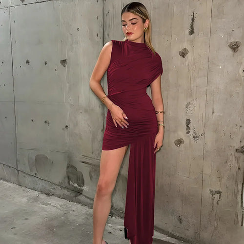 Aspen Knolls Ruched Sexy Solid Color Elegant Turtleneck Sleeveless Asymmetric Dress