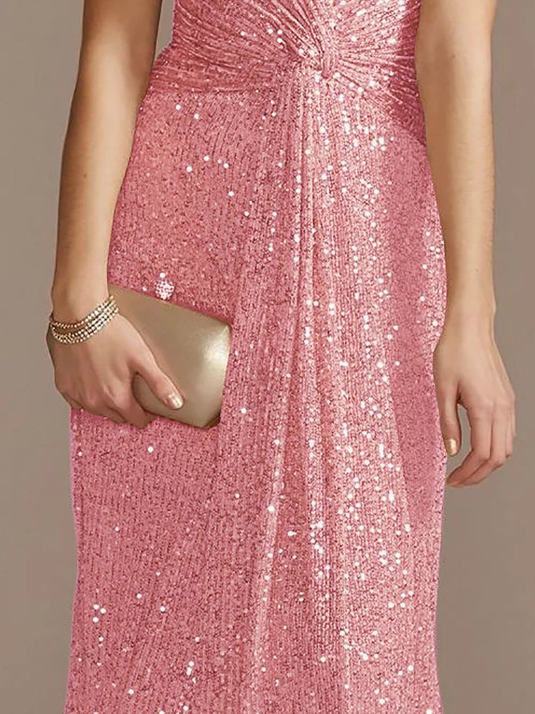 Columbus Luxury Pink Floor Length V Neck Evening Sequin Maxi Dress