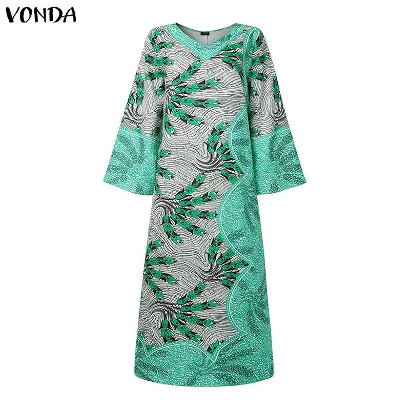 Samba Plus Size Bohemian Long V Neck Sleeve Printed Maxi Dress