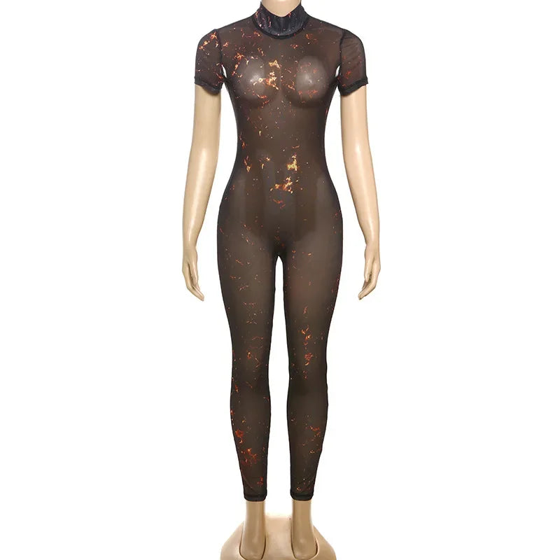 Auburn Hollow Out Playsuits Female Nightout Fashion Mesh Thin Sheer Jumpsuits