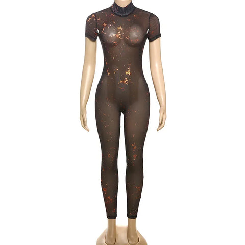 Auburn Hollow Out Playsuits Female Nightout Fashion Mesh Thin Sheer Jumpsuits