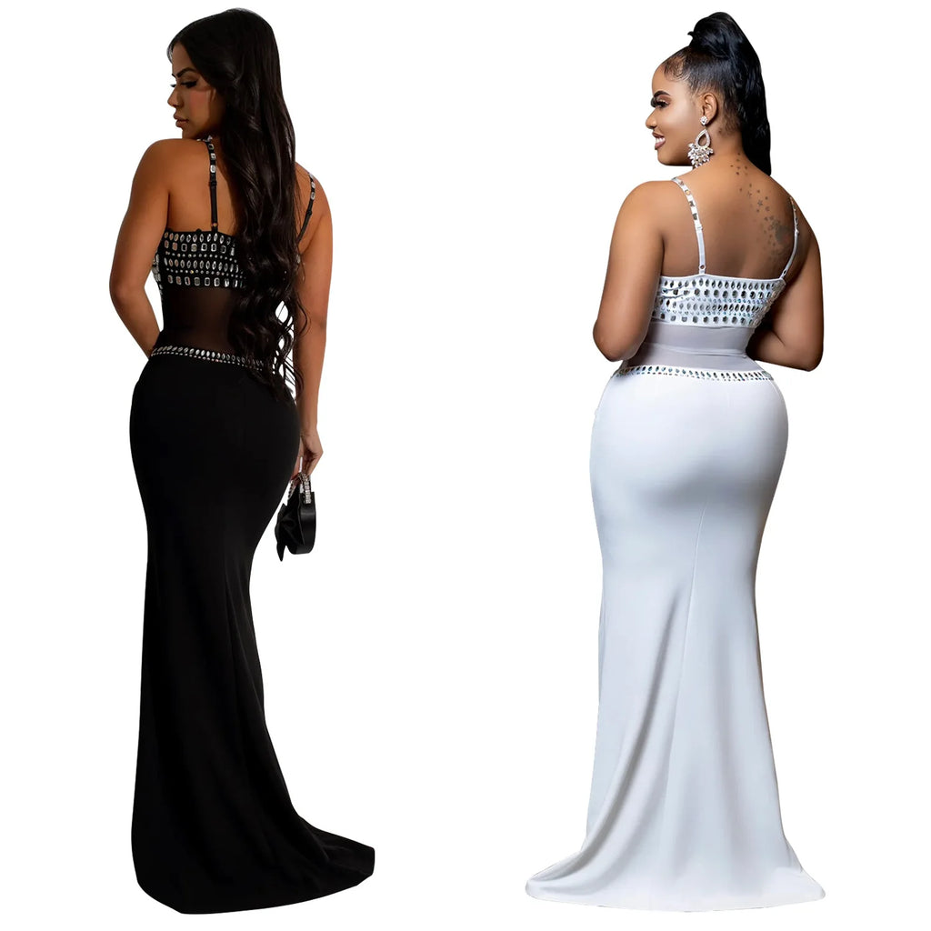 Stamford Diamond Mesh Sexy Transparent Lace Party Elegant Maxi Dress