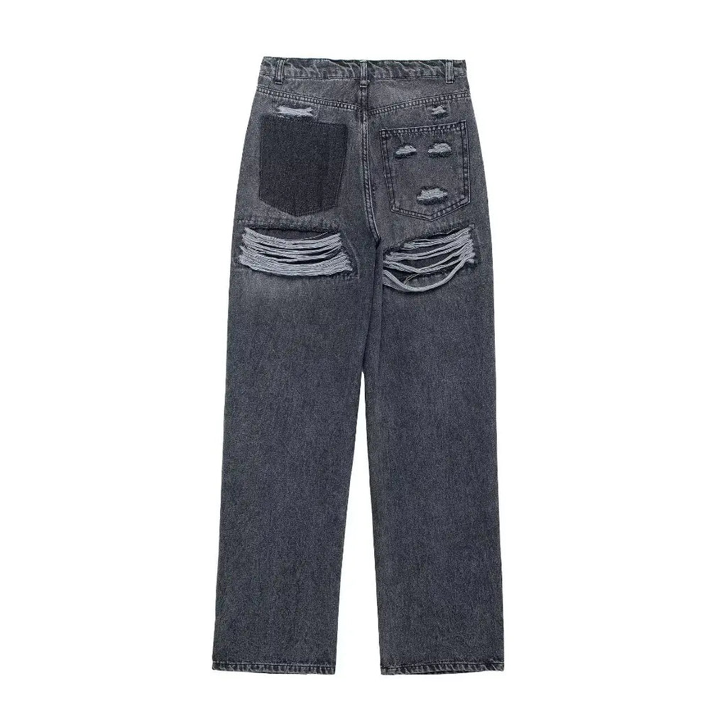Jeans For Women 2024 Denim Solid Loose Zipper Fly Female Hole Trouser