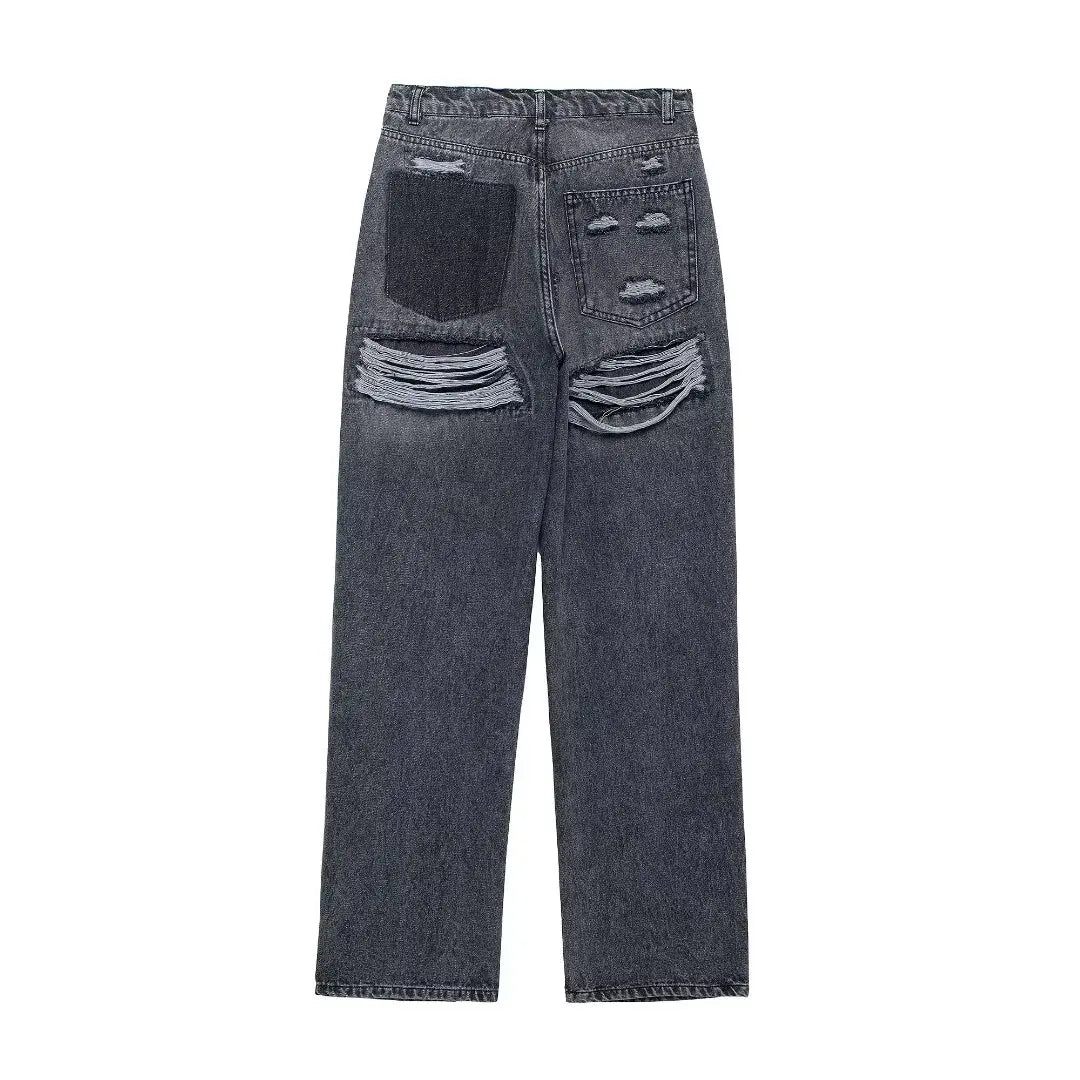 Jeans For Women 2024 Denim Solid Loose Zipper Fly Female Hole Trouser