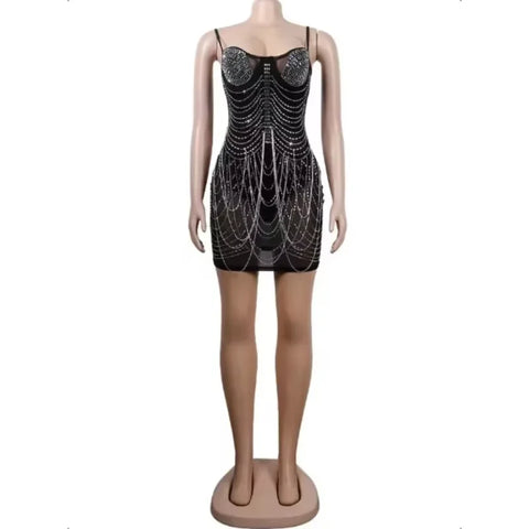 Franklin Township Rhinestone Fringe Glam Mesh Sequins Party Clubwear Mini Dress