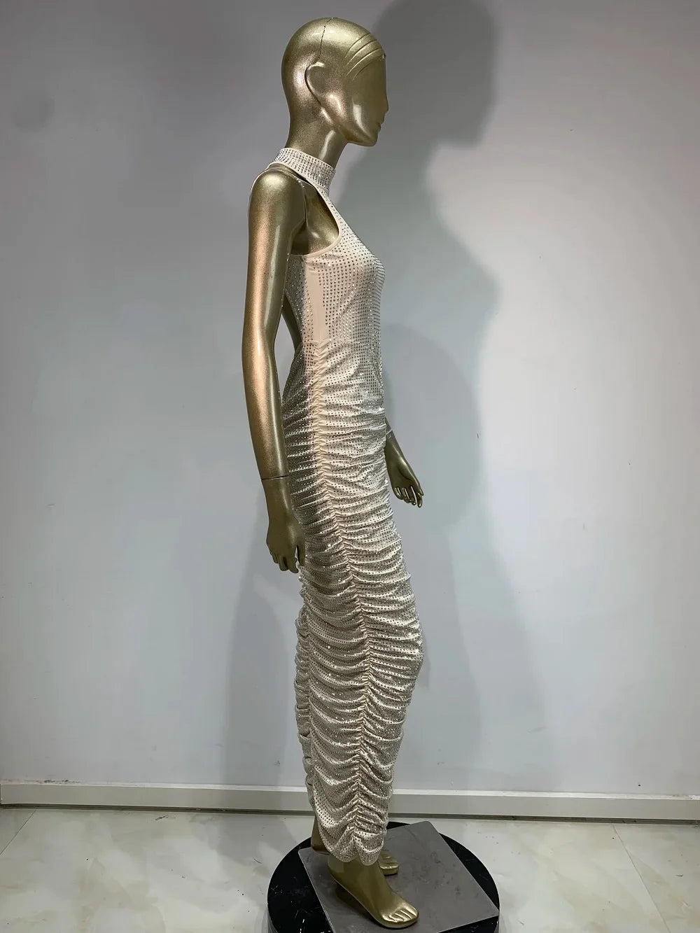 Yaphank Sleeveless Diamonds Backless Ruched Beige Maxi Long Dress