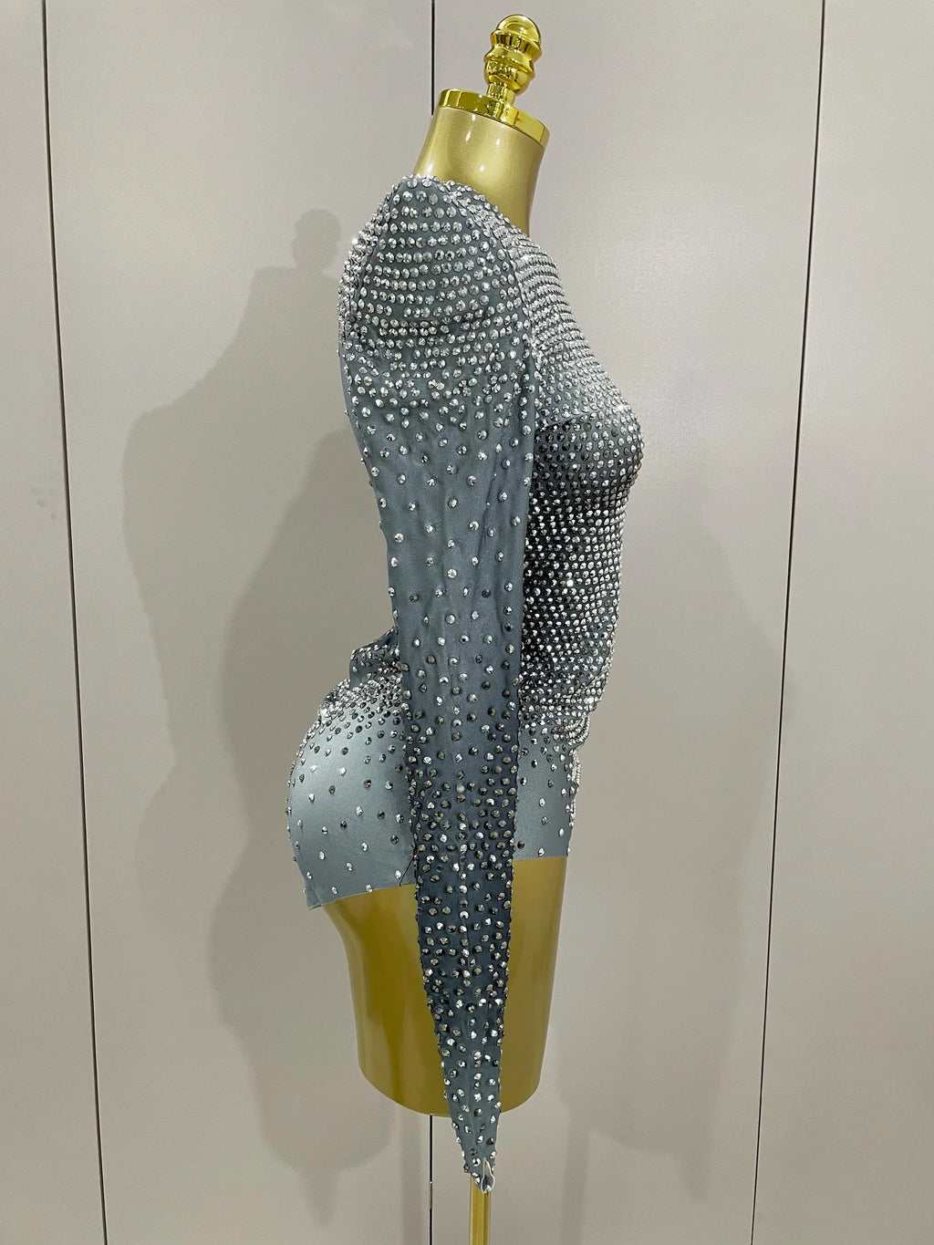 Norwish Sparkle Silver Rhinestones Long Sleeve Stretch Romper