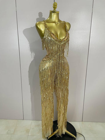 Watkin Glen Sparkly Black Rhinestones Sequined Fringe jumpsuit