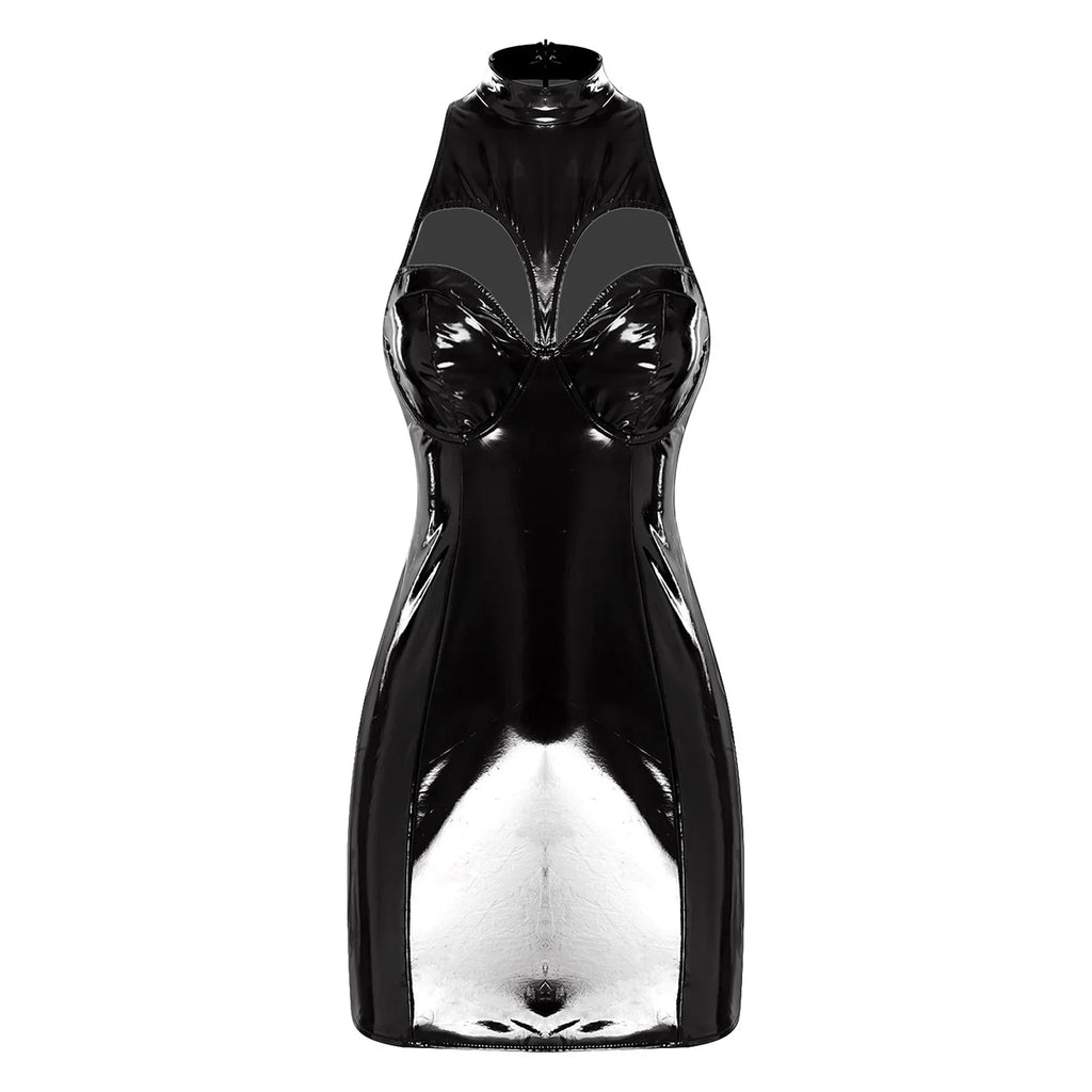 Amityville Wet Look PU Leather Mock Neck Sleeveless Hollow-out Bodycon Mini Dress