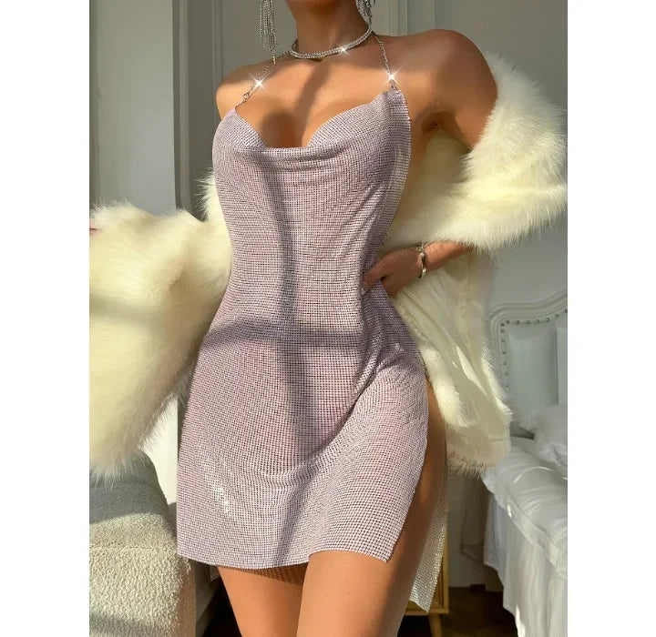 Square Backless Sequin Suspender V-neck Halter Neck Split Dress