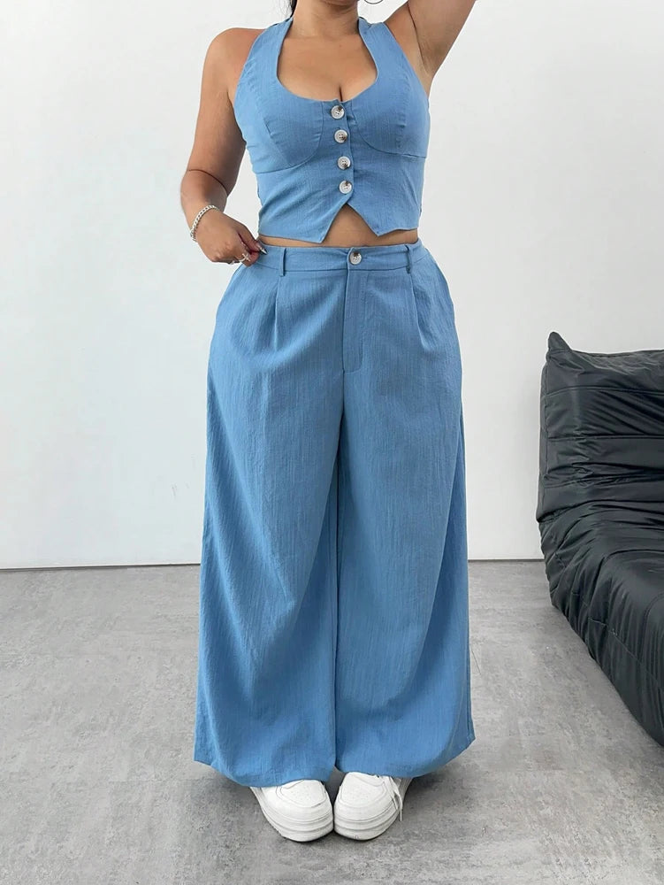 Pamela Plus Size Tie Neck and Casual Two Piece Sets