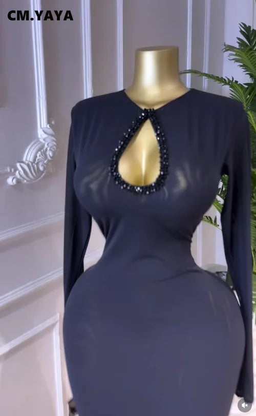 Hollow Out O Neck Long Sleeve Bodycon Sexy Birthday Party Maxi Long