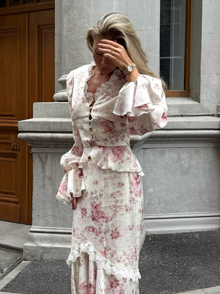 Alicia Floral Print V-Neck Flare Sleeve Mermaid Two Piece Sets