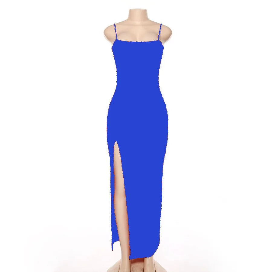 Sexy Bodycon Dress Lady Sexy Spaghetti Strap Sleeve Split Solid Color Sheath Dress