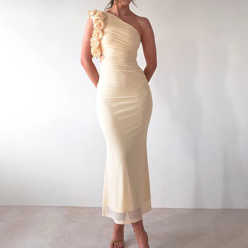 Allendale One Shoulder Bodycon Mesh Ruched Sexy Backless Long Dress