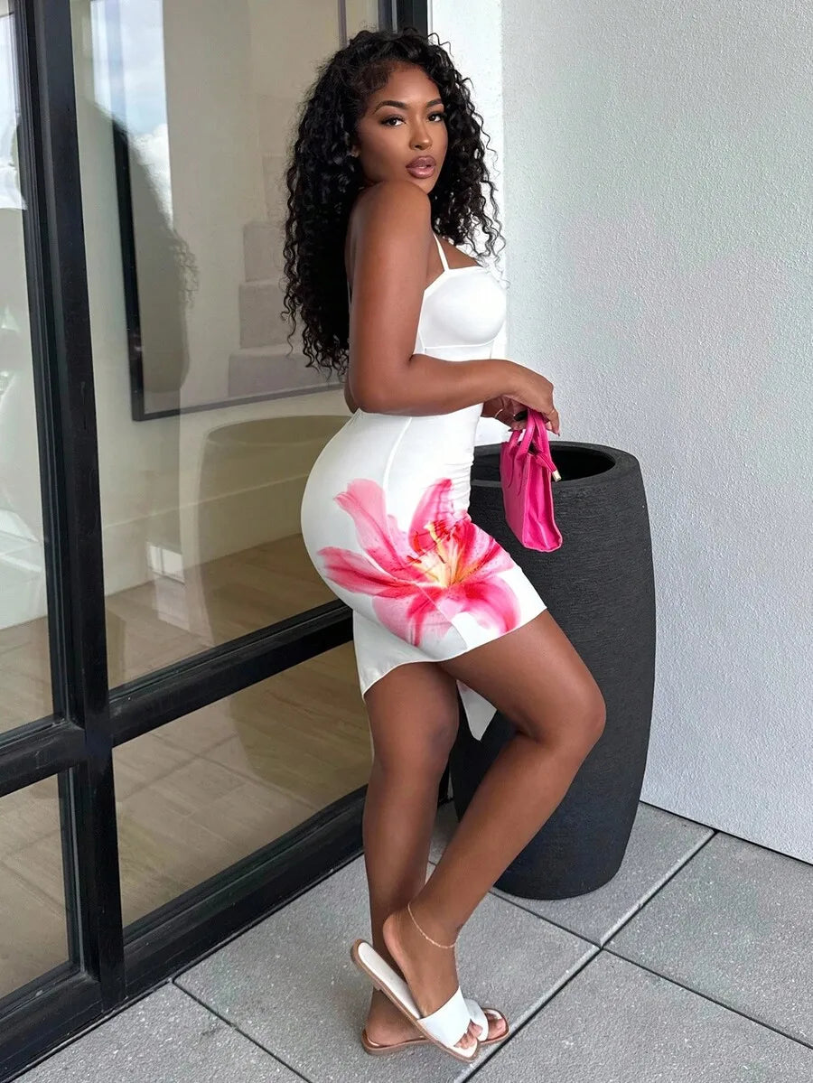 Oxford White Base with Pink Floral Romantic Print Asymmetric Hem Slim Fit Dress