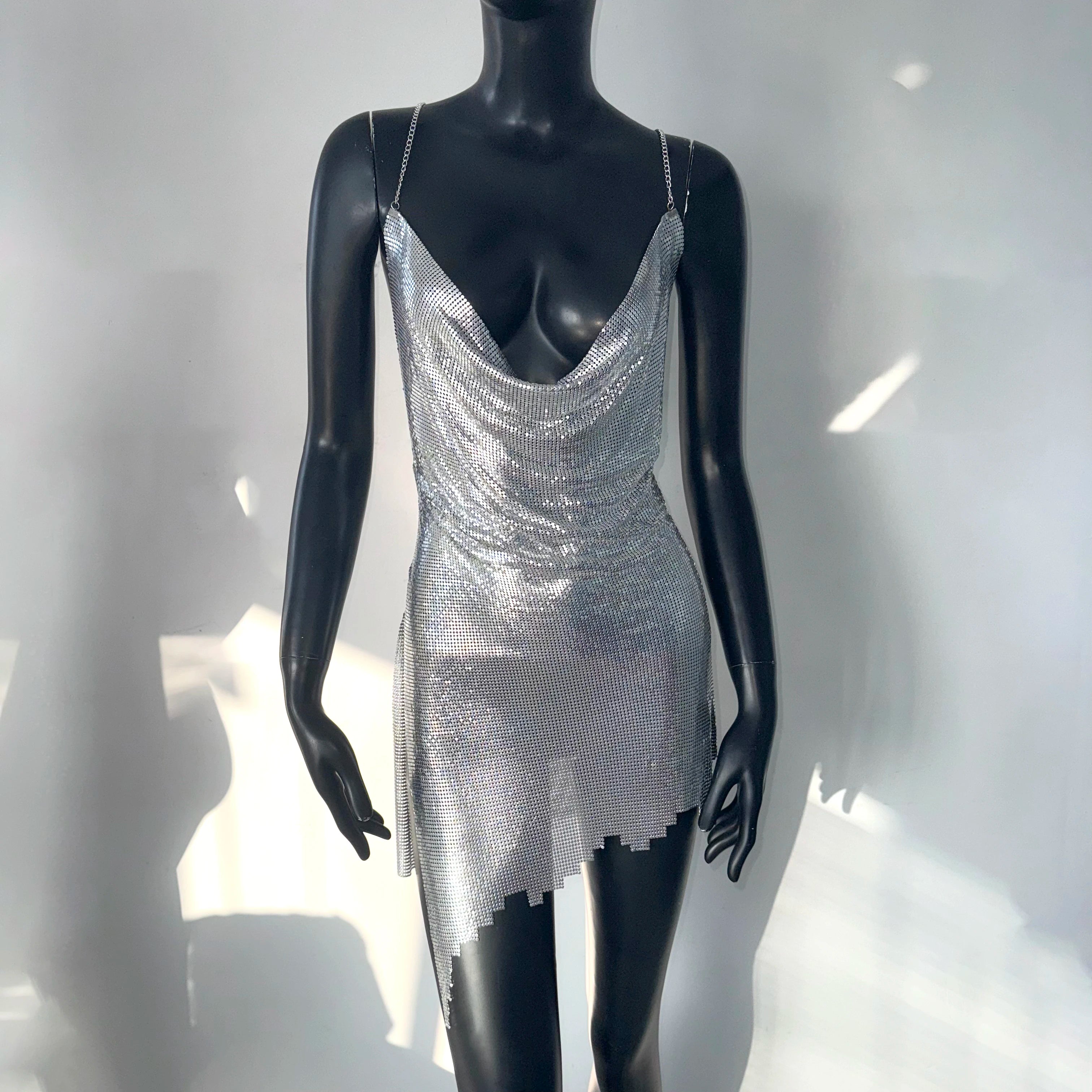 Mount Kisco Metal Sequins Backless Halter Neck V Neck Mini Dress