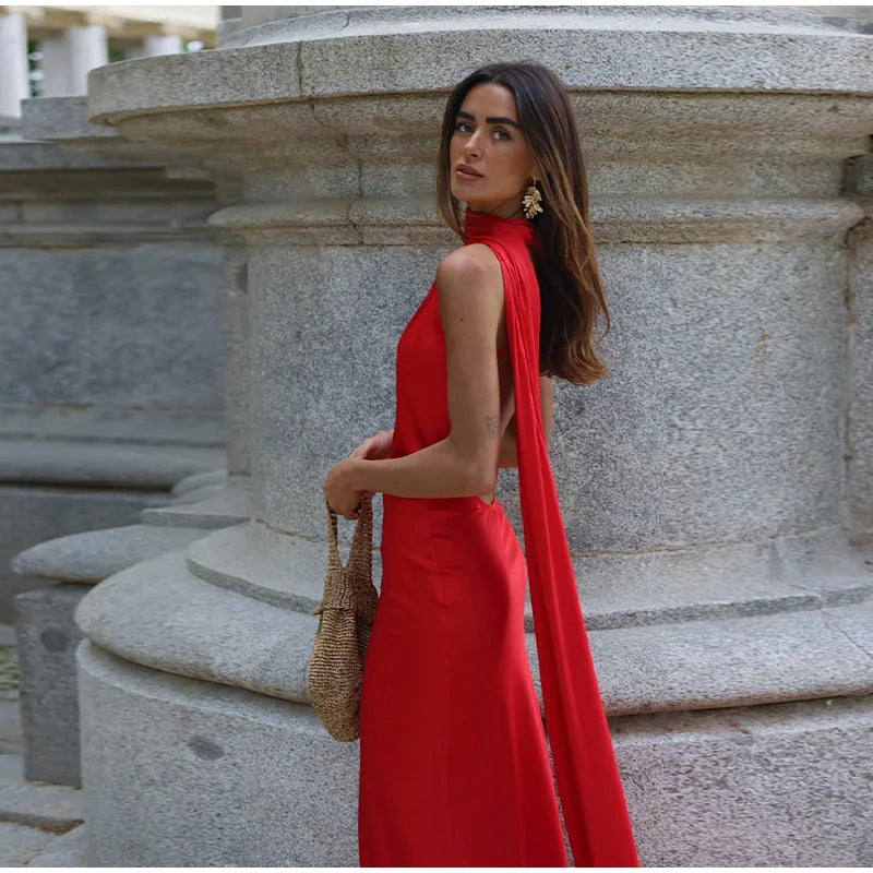 Califon Sexy Satin Ribbon Party Elegant Halter Backless Off Shoulder Sleeveless Maxi Dress