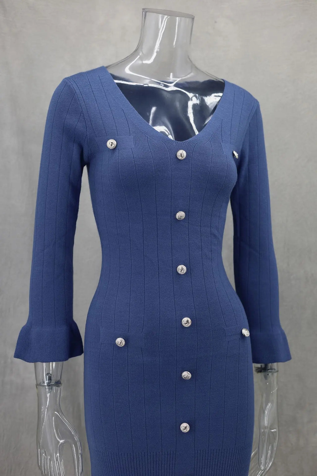 Tennessee Elegant Knitted Fashion V Neck Long Sleeves Slim Buttons Solid Color Long Dress