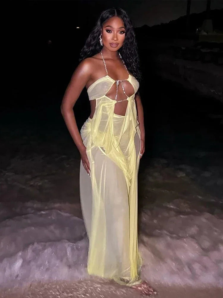 Pine Plains Sexy See Through Luxury Chain Halter Low Neck Backless Dress