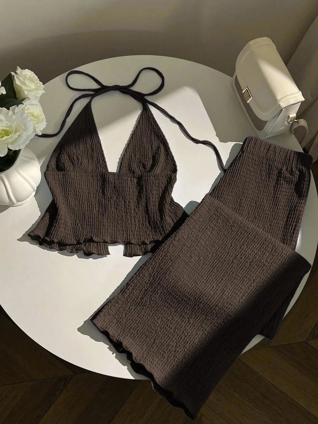 Rita Textured Neckline Deep V-Neck Two Piece Sets