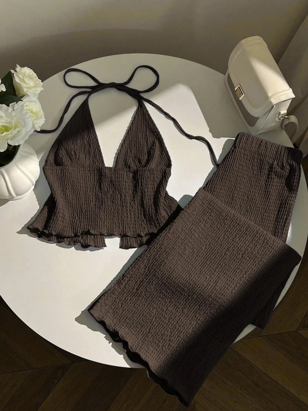 Rita Textured Neckline Deep V-Neck Two Piece Sets