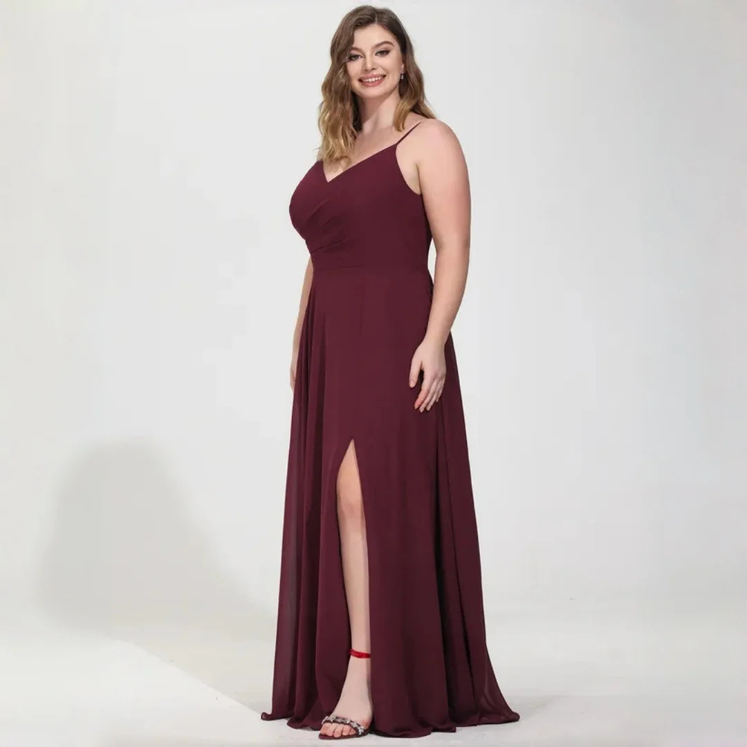 New York Plus Size Burgundy Chiffon Bridesmaid Spaghetti Strap Surplice V Neck Ruched Dress