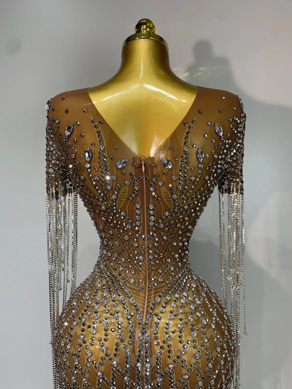 Bedford Luxury Sparkly Rhinestones Tassel Transparent Mesh Stretch Long Dress