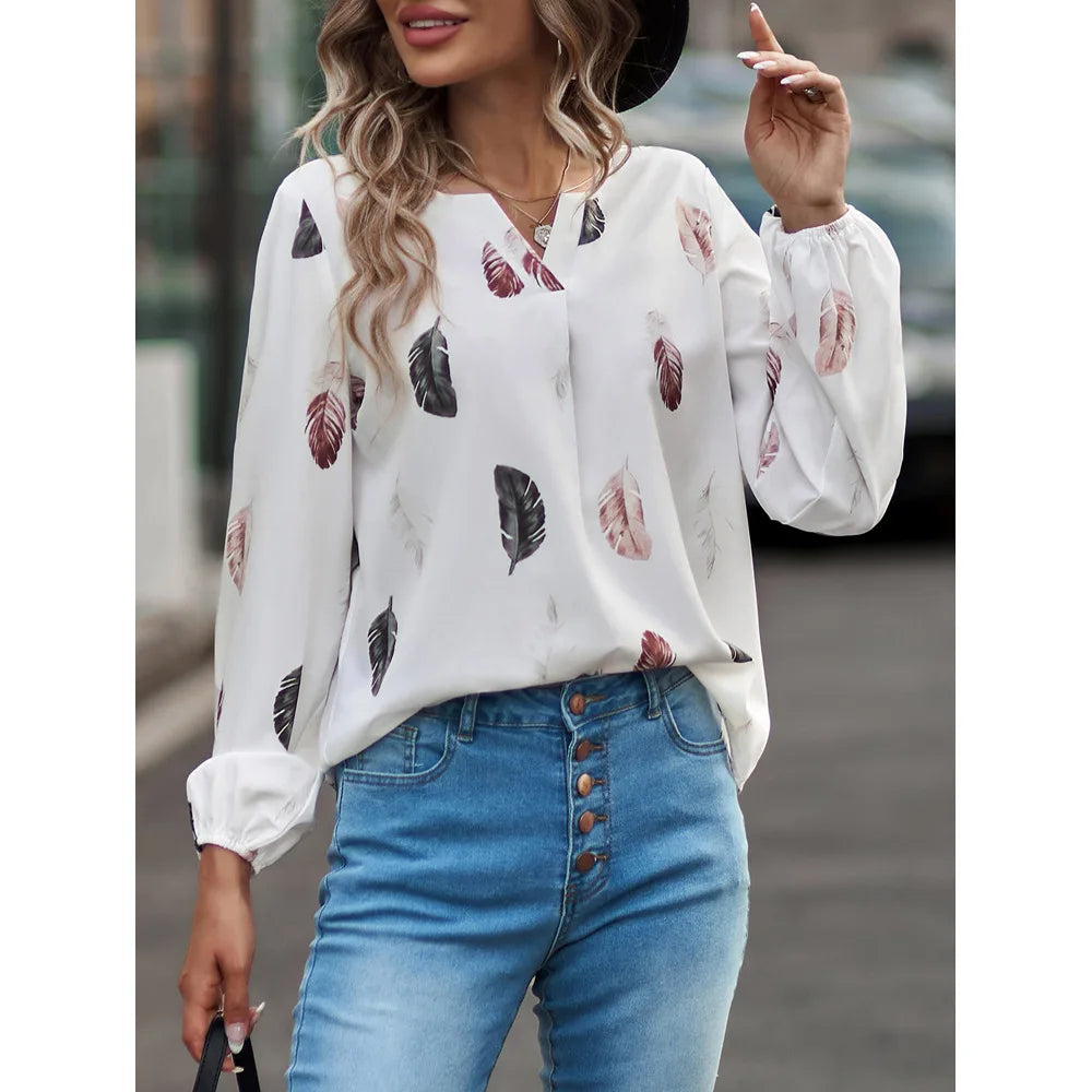 Jamesburg Casual T Shirt Fashion Feather Printed Long Sleeve V Neck Loose Blouses