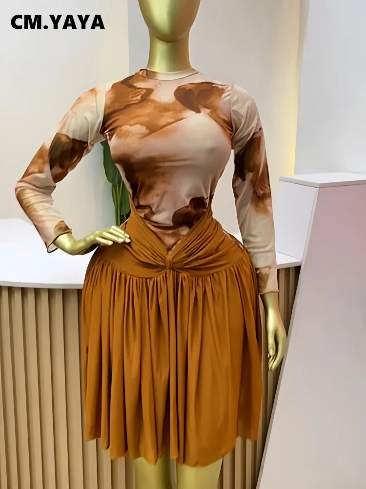 Mesh Print Long Sleeve O-Neck Ruffles Pleated Mini Party Dress