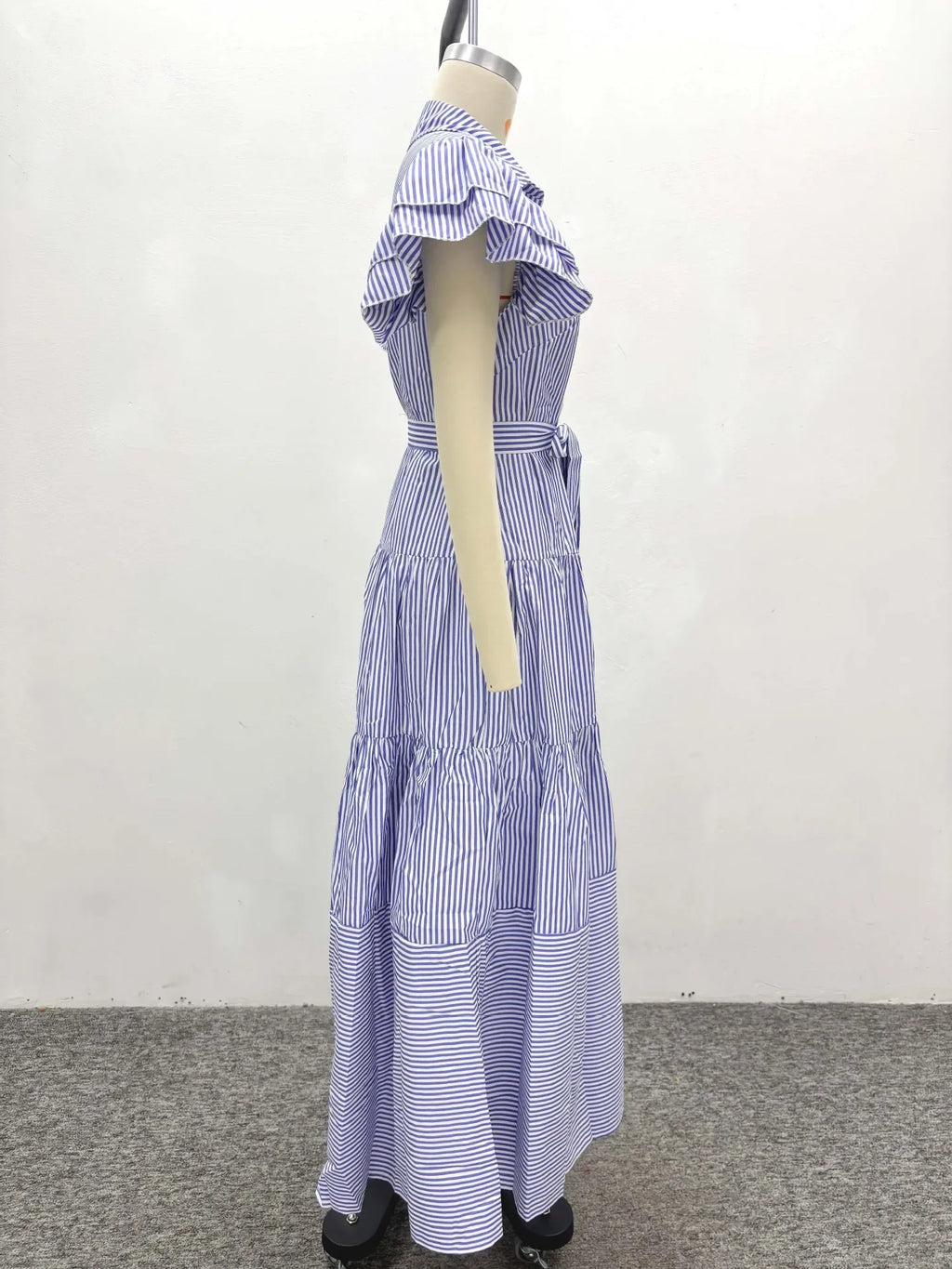 Rutherford Striped Butterfly Sleeve Loose High Waist Single Breasted Casual Long Dress