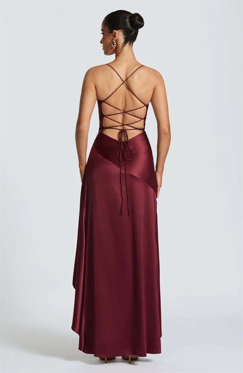 Haverstraw Satin Spaghetti Strap Ruffle Sexy Off-shoulder Sleeveless Backless Maxi Dress