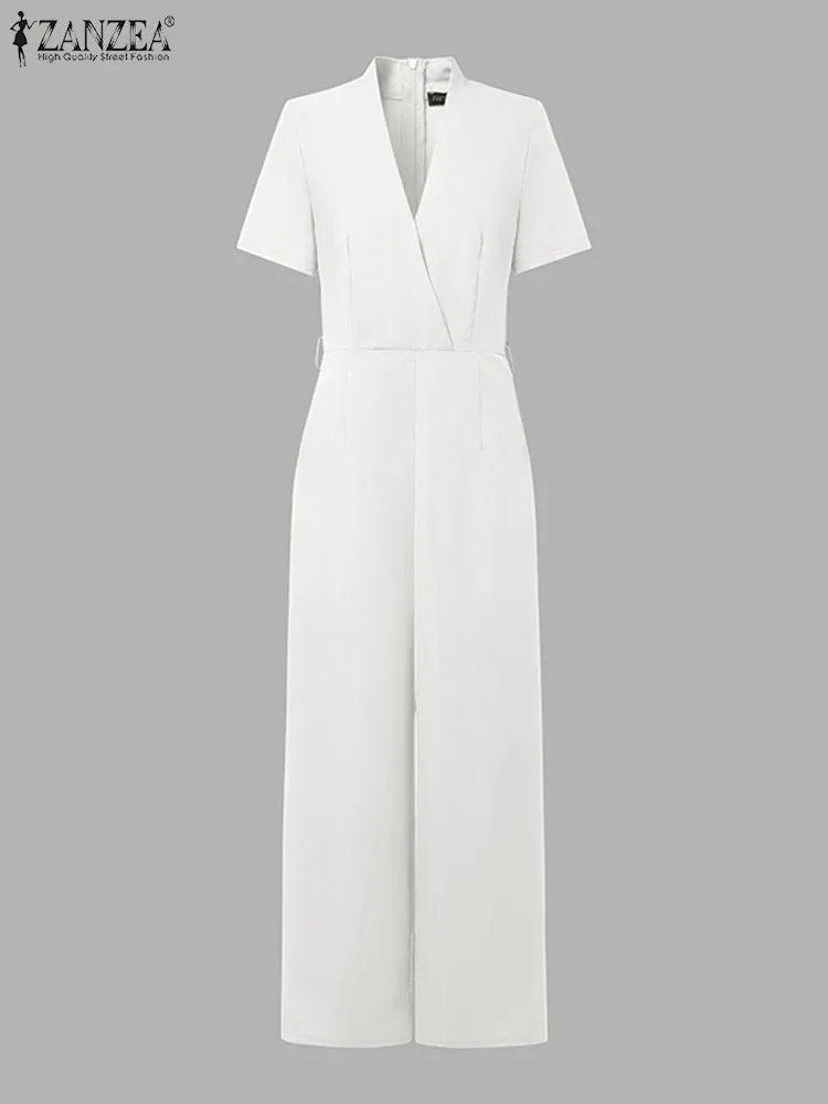 Weirton High Waist Jumpsuits Workwear Belt Rompers Solid Deep V Neck Elegant Overalls