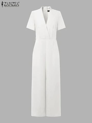 Weirton High Waist Jumpsuits Workwear Belt Rompers Solid Deep V Neck Elegant Overalls