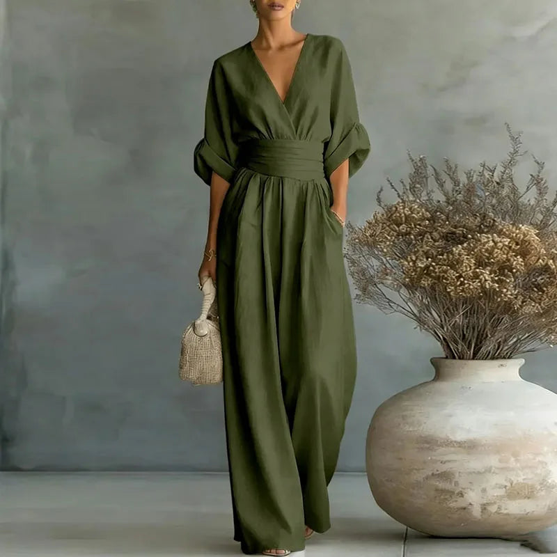 Women's Jumpsuit Fashion High Waist V-neck Casual Jumpsuits Sexy Solid Color Office Wide Leg Trousers Overalls Linen Chic