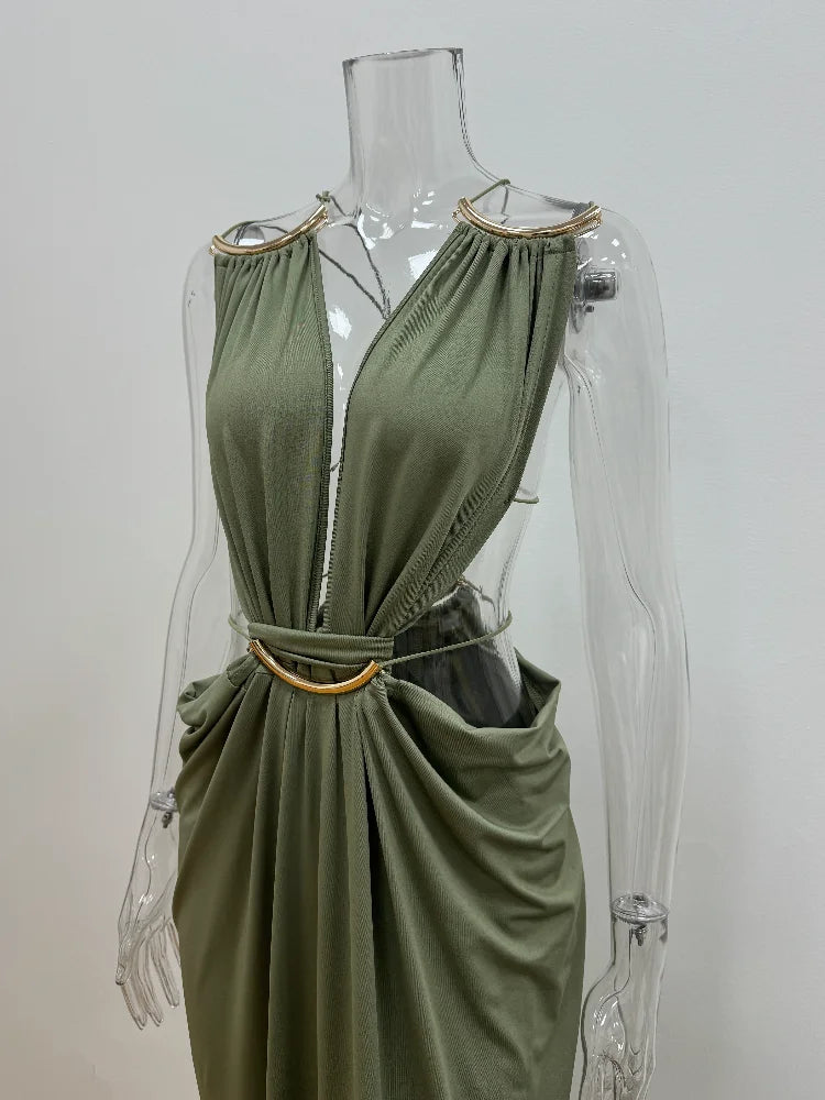 Solid Color Spaghetti Strap Sleeveless Sexy Deep V Cutout Waist Ruched Maxi Gown Dress