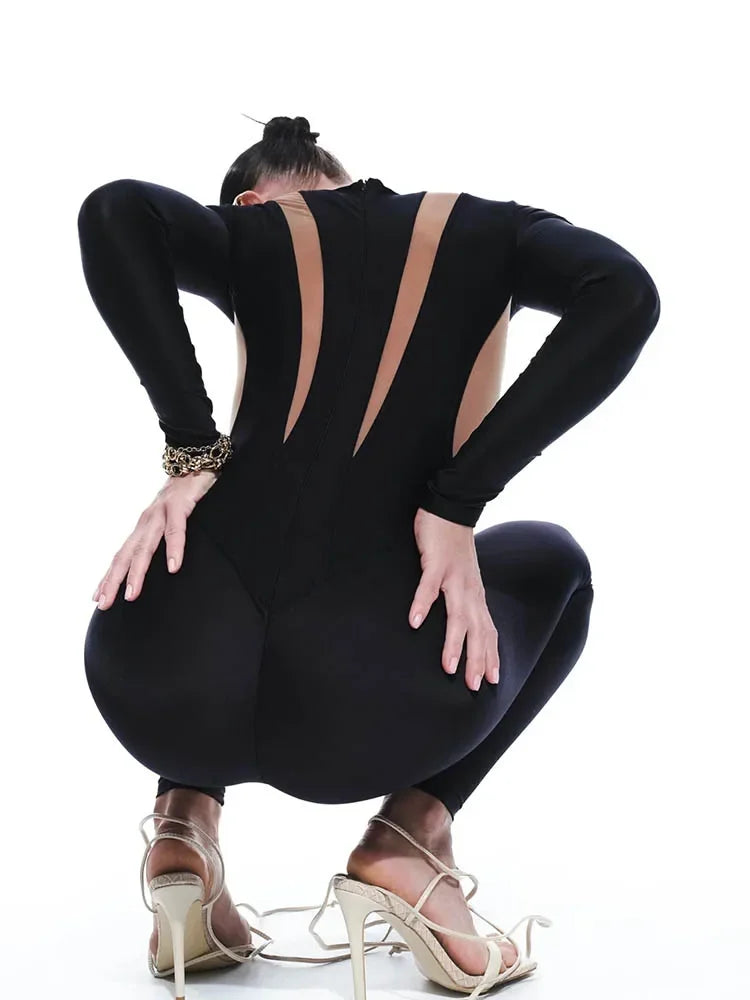 Auburn Hills Sexy Mesh Patchwork Jumpsuits Fashion O Neck Long Sleeve