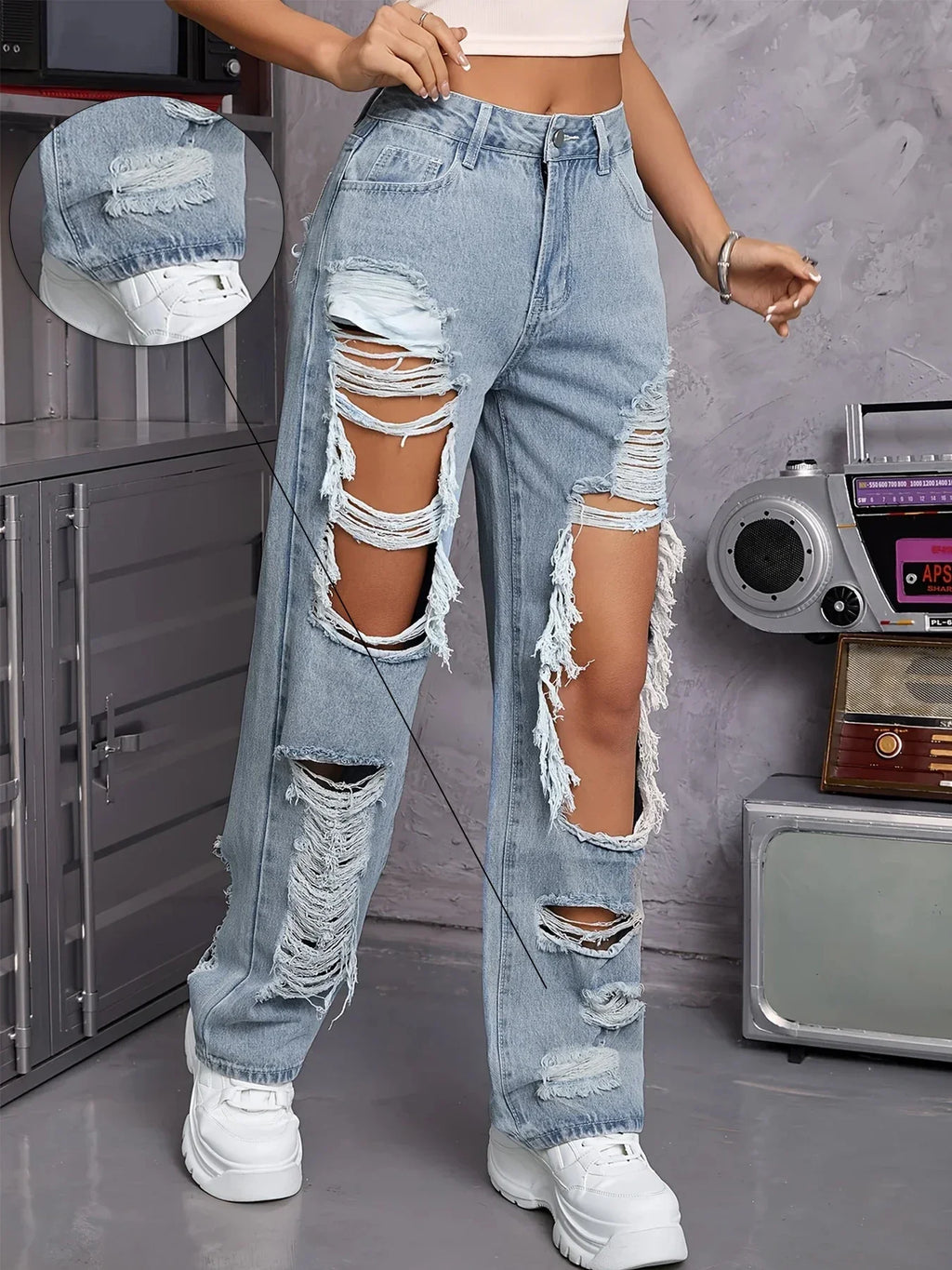 Harvey Cedar Light Washed Ripped High Waist Baggy Straight Leg  Denim