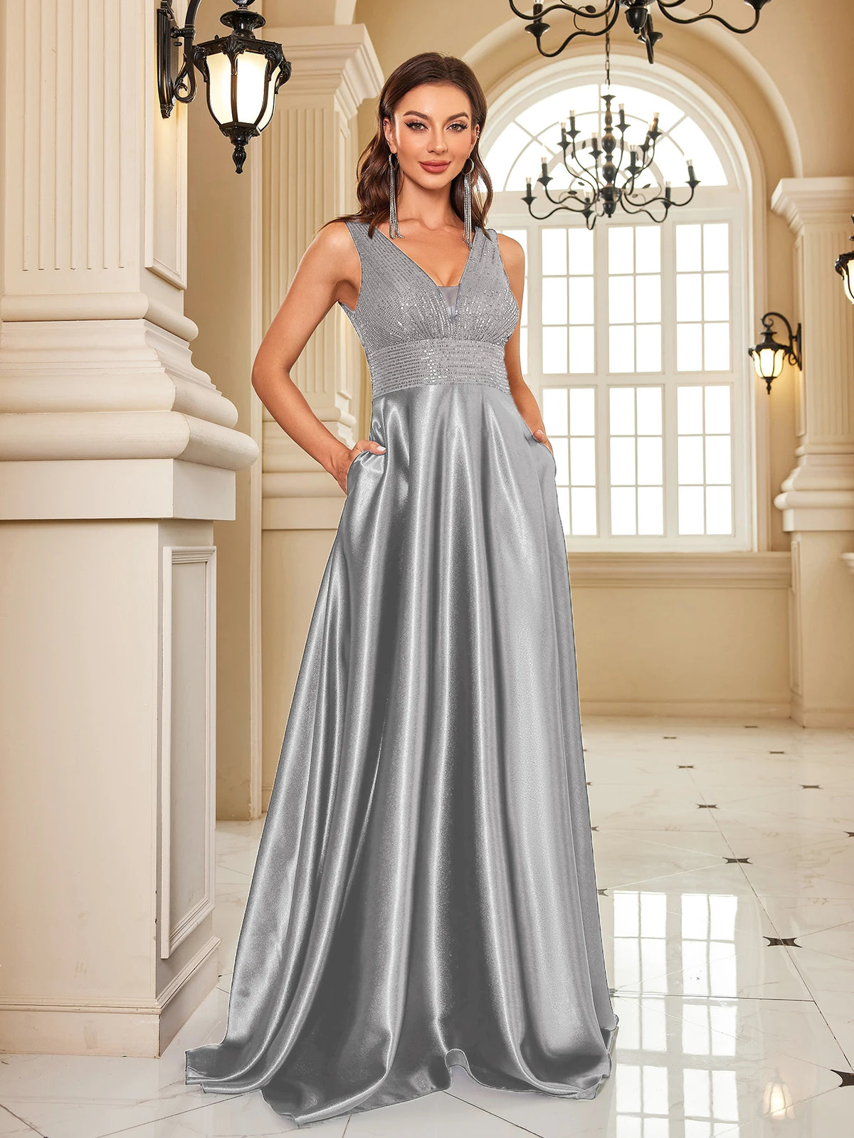 Oklahoma Elegant Sequins Evening Deep V-neck Satin Prom Party Dress
