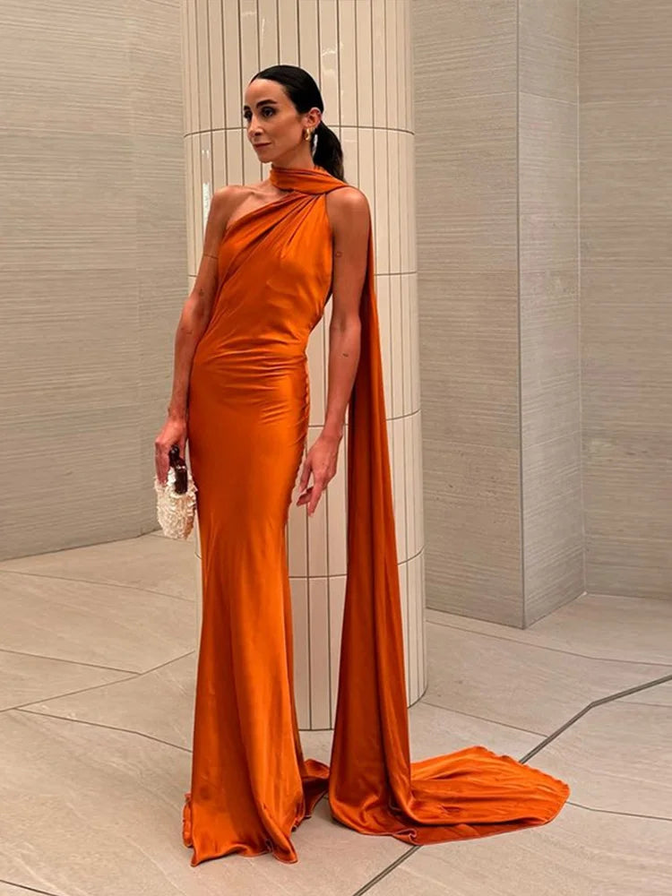 Califon Sexy Satin Ribbon Party Elegant Halter Backless Off Shoulder Sleeveless Maxi Dress