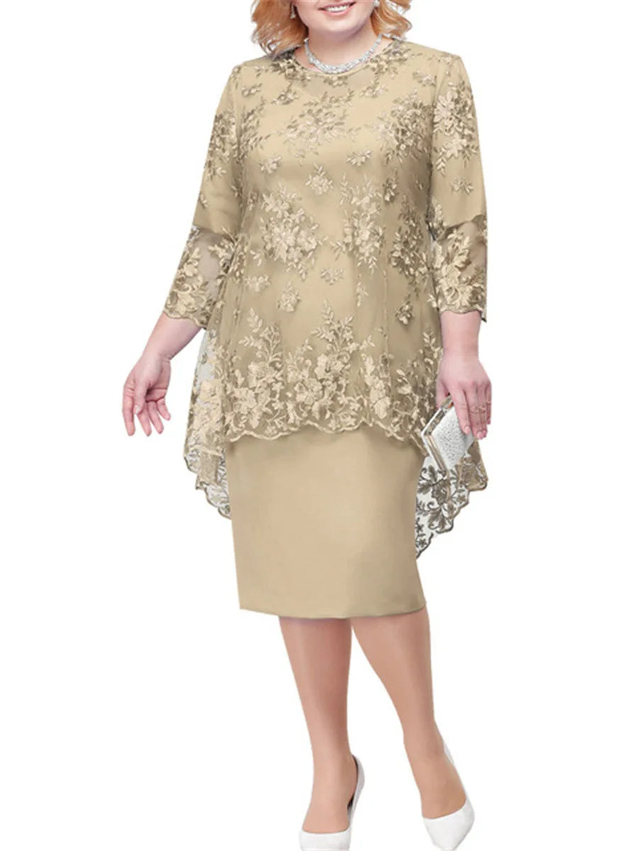Jackson Plus Size Evening Gown Fashion Solid Color Round Neck High Waist Lace Embroidery Dress