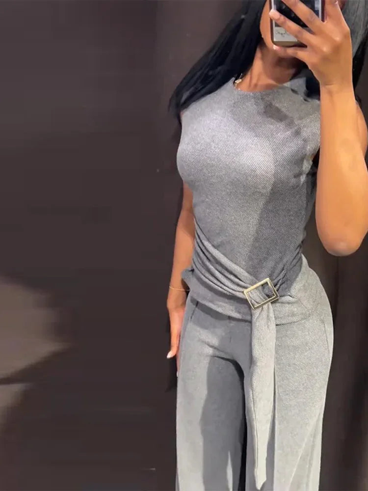 Michelle O-neck Casual Solid High Waist Two Pieces Sets