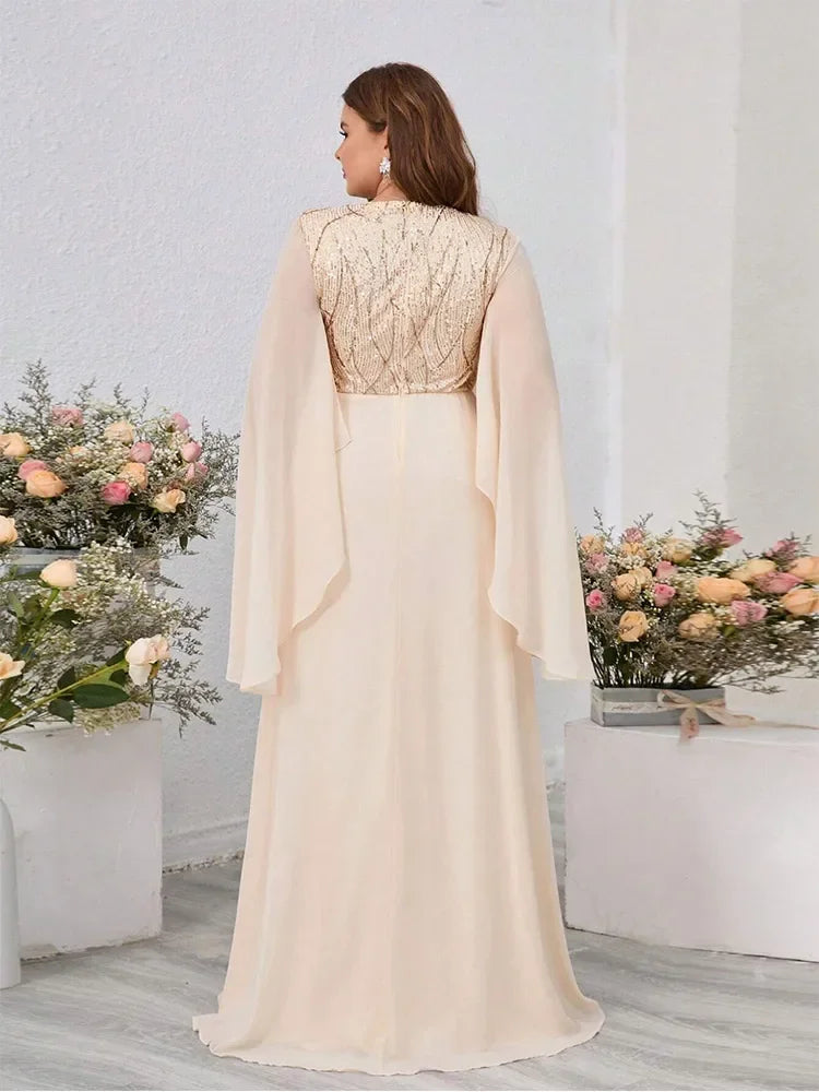 Athena Plus Size V Neck  Sequin Loose Long Ruffled Chiffon Maxi Dress