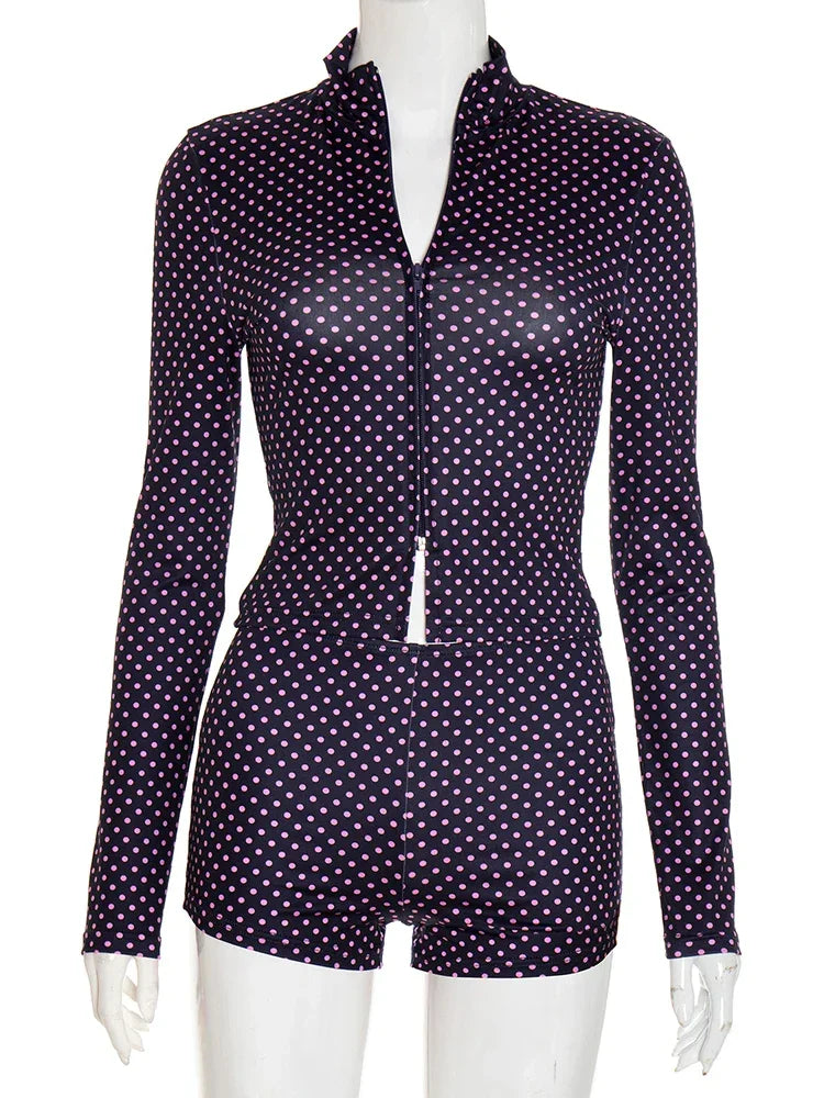 Mattituk Puss Polka Dot Print Women Tracksuit Zip Crop Two Piece Set